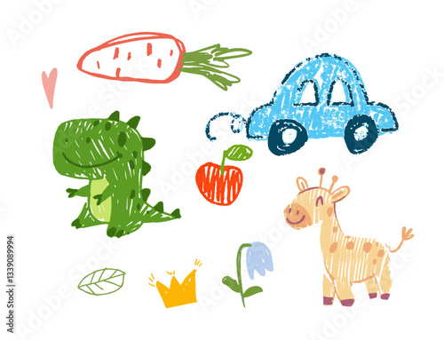 Colorful hand-drawn doodles featuring a dinosaur, giraffe, carrot, apple, blue car, leaf, flower, heart, and crown on white background. Fun and playful children s design. Vector illustration