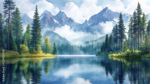 Serene mountain lake reflecting majestic peaks shrouded in morning mist.