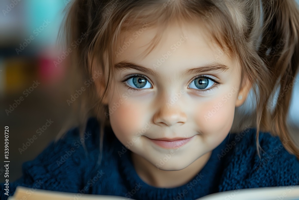 Close up portrait of young Caucasian girl with bright blue eyes and gentle smile wearing navy sweater, soft bokeh background creates dreamy atmosphere. Close up portrait of young Caucasian girl with bright blue eyes and gentle smile wearing navy sweater, soft bokeh background creates dreamy atmosphere.