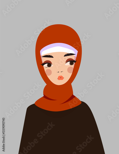 A portrait of a young woman wearing a red hijab and dark clothing, with a neutral expression. The illustration is in a modern, flat style on a gray background. Vector illustration