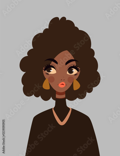 Elegant portrait of a stylish woman with voluminous curly hair, wearing gold earrings and a black outfit. Minimalist background. Fashion, beauty, and confidence concept. Vector illustration