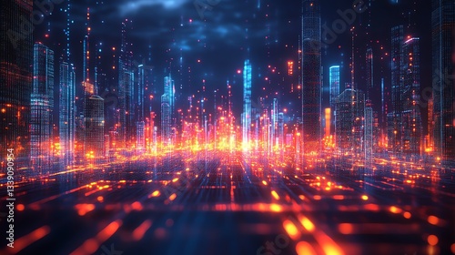 A mesmerizing futuristic digital cityscape with neon light patterns  vibrant cyber grid  and glowing abstract structures in a cyberpunk universe