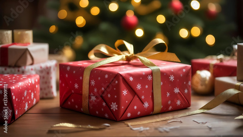 Gift-Giving Glow: Christmas presents, wrapped in festive paper and adorned with ribbons, await beneath a twinkling tree, creating a warm and inviting scene filled with anticipation and cheer.