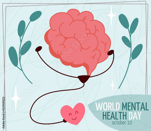 Cartoon brain and heart connected by a stethoscope, symbolizing mental health on a light blue background with leaves. Concept of emotional well-being. Vector illustration