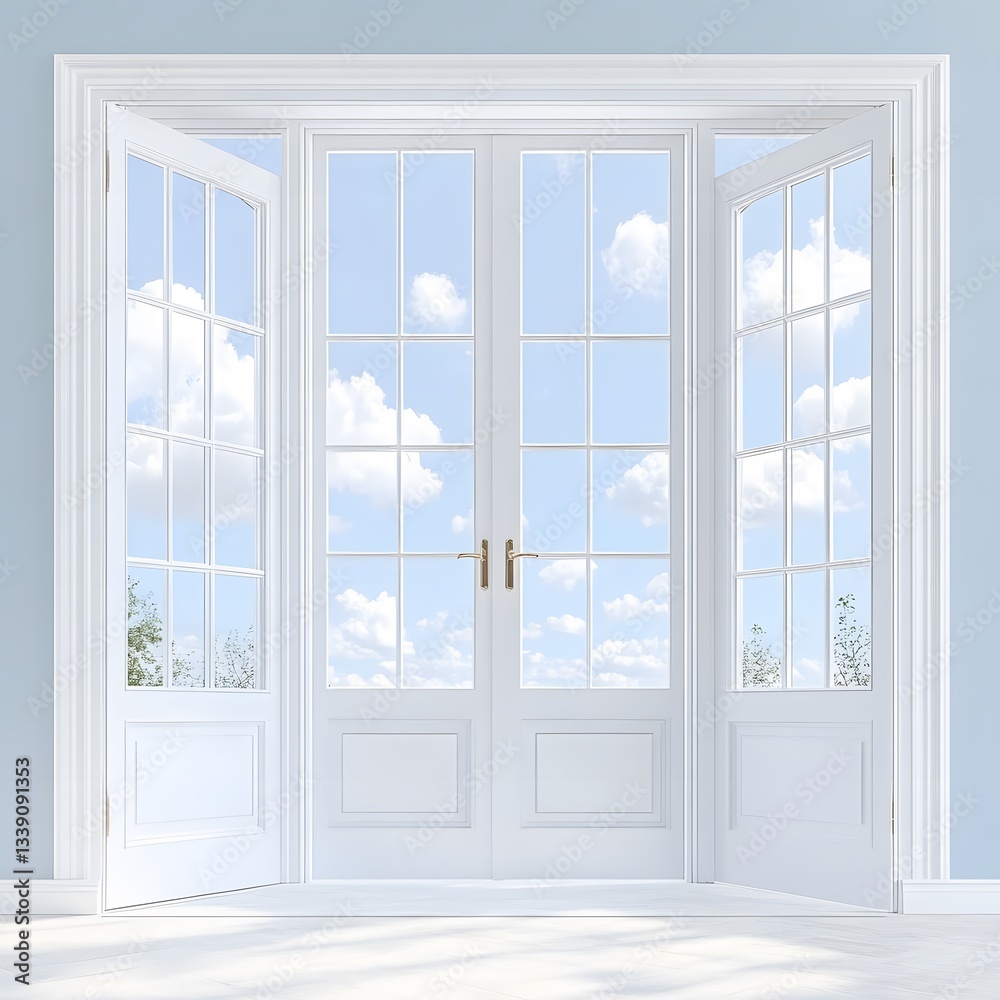 Obraz premium Elegant White French Doors Open to Sunny Sky View