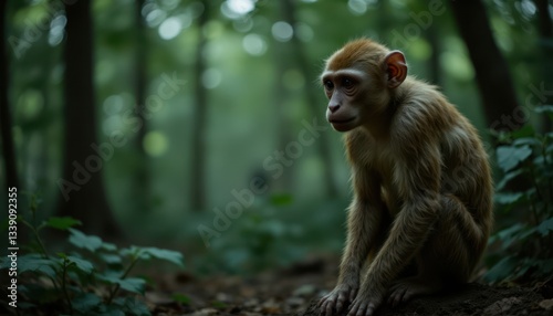 A monkey sits pensively in the rainforest, surrounded by a lush green bokeh created using Generative AI, capturing the moody atmosphere of the jungle.