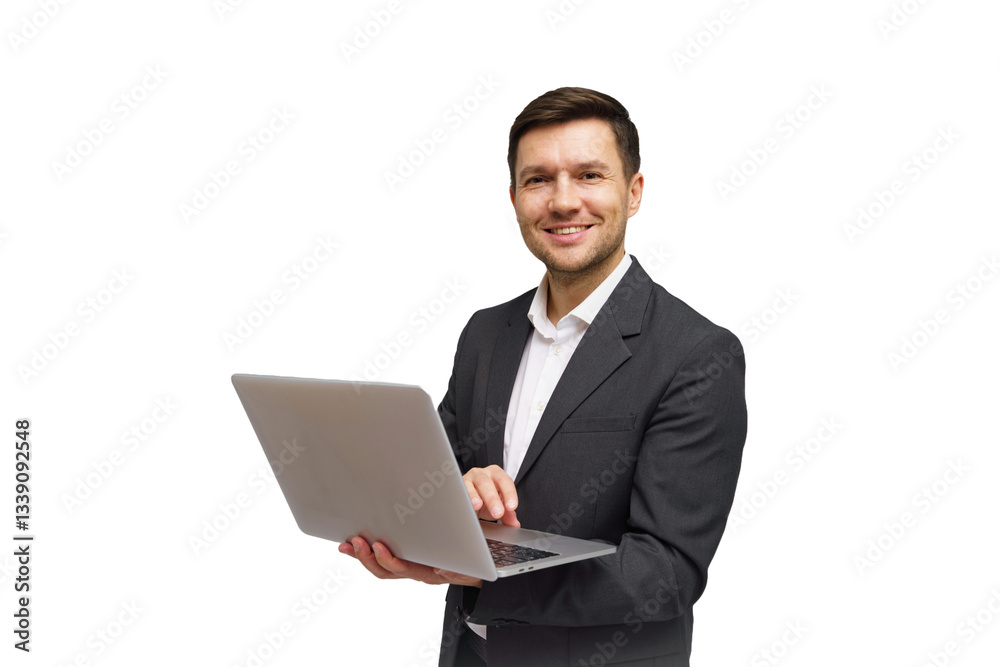 Business professional smiles while holding a laptop and working in a modern office environment Business professional smiles while holding a laptop and working in a modern office environment