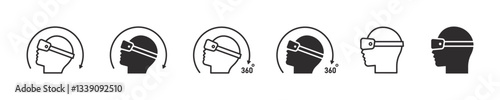 Set of virtual reality icons. Head human with virtual reality headset icons, goggles, 360 degree, arrow. Vector illustration. EPS10.