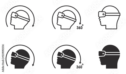 Set of virtual reality icons. Head human with virtual reality headset icons, goggles, 360 degree, arrow. Vector illustration. EPS10.