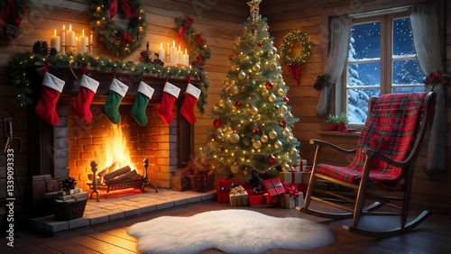 Cozy Christmas Cabin: A warm and inviting cabin interior decorated for Christmas, complete with a decorated tree, a lit fireplace, and cozy rocking chair.