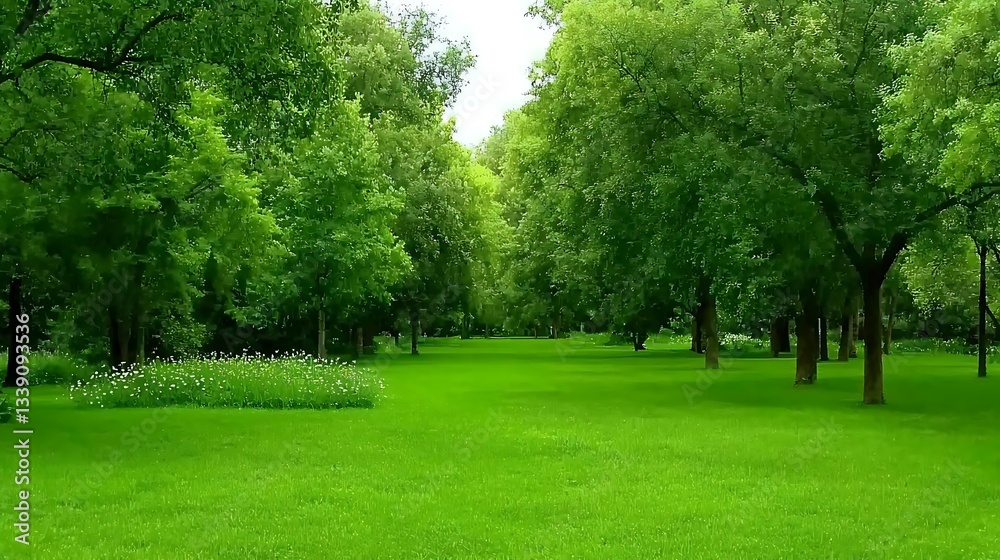 Lush Green Park Landscape with Vibrant Trees and Blooming Wildflowers Under Bright Blue Sky Lush Green Park Landscape with Vibrant Trees and Blooming Wildflowers Under Bright Blue Sky