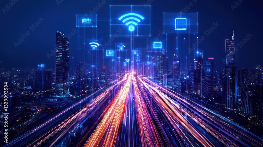 Obraz premium Futuristic Cityscape with Digital Connectivity and Traffic Lights