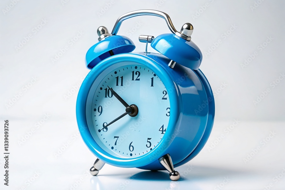 Blue Alarm Clock Close-up Side View on White Background - Time Management Concept Blue Alarm Clock Close-up Side View on White Background - Time Management Concept