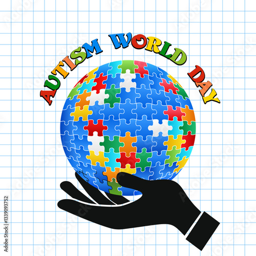 Autism World Day. Colorful world globe puzzle in human hand. Vector isolated on blue square grid with white background.