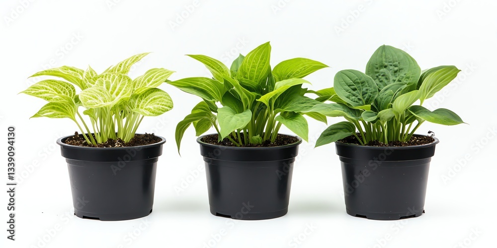 Fototapeta premium Planting Hosta Plants in Pots Three Varied Potted Hostas in a Row