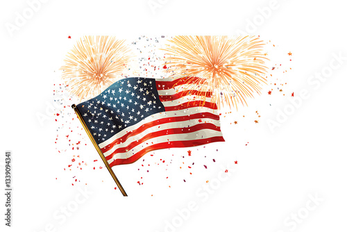 Fourth of July Fireworks with American Flag, Independence Day Celebration on transparent background
