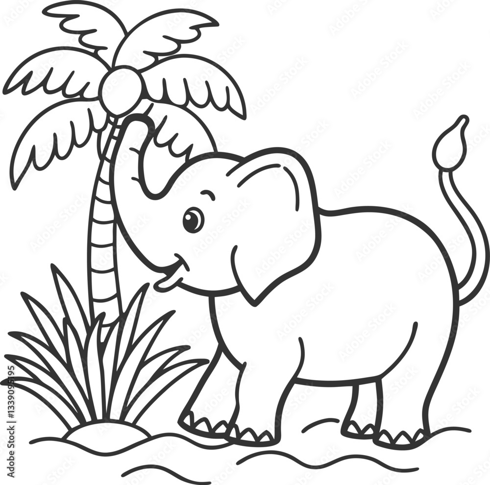 Obraz premium Adorable Baby Elephant Under a Palm Tree in a Tropical Setting