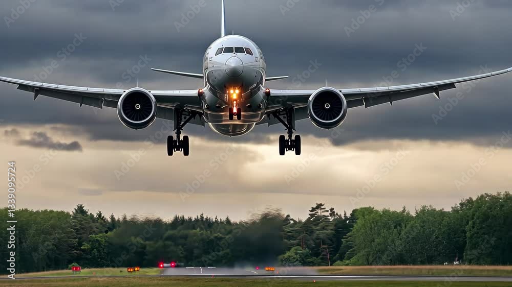 Commercial airplane approaches runway against a cloudy sky during late afternoon landing, Commercial airplane coming into land as viewed from underneath