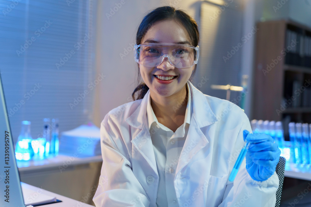 Fototapeta premium Female scientist in white lab coat examining blue liquid test tube, smiling confidently during medical research experiment
