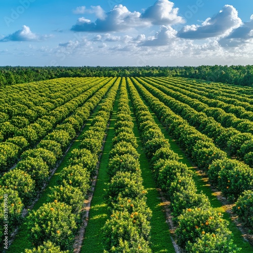 Vast citrus grove stretches under a clear sky. Rows of vibrant green citrus trees, interspersed with small orange fruits, create a symmetrical pattern.  A tranquil rural landscape
