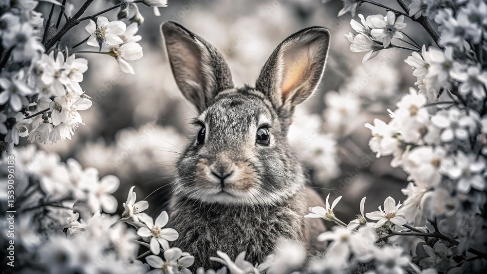 Obraz premium Black and White Portrait of a Rabbit Amidst Flowers