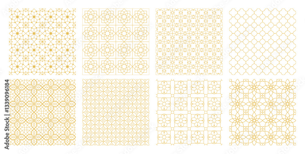 Collection of Arabic geometric mosaic printable seamless pattern with abstract Moroccan print in gold colors. Ramadan Kareem Traditional Islamic art Illustration background