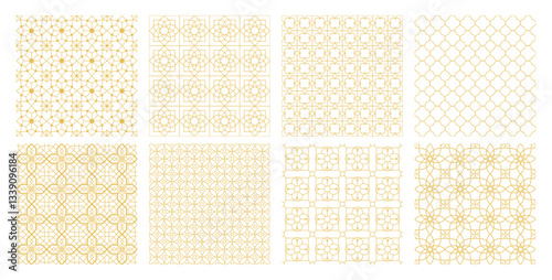 Collection of Arabic geometric mosaic printable seamless pattern with abstract Moroccan print in gold colors. Ramadan Kareem Traditional Islamic art Illustration background
