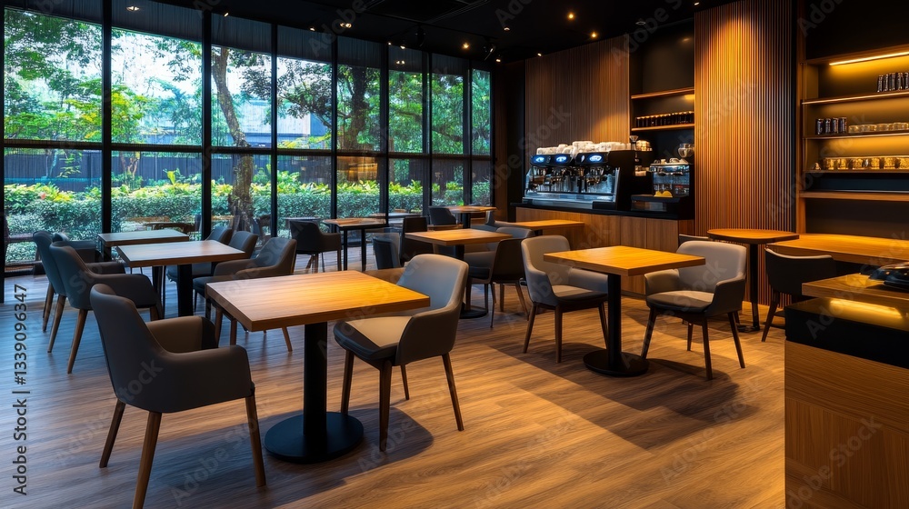 Modern cafe interior with wooden tables and chairs, lush greenery visible through large windows Modern cafe interior with wooden tables and chairs, lush greenery visible through large windows