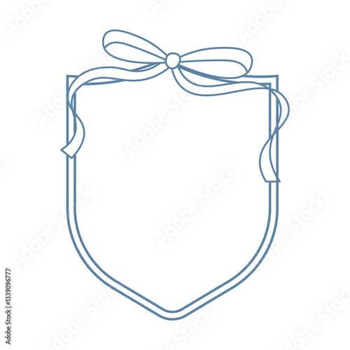 Wedding crests on white background. Minimalist outline of a shield with ribbon and bow monogram. Line art for wedding, monogram, invitation, greeting, logo, birthday cards