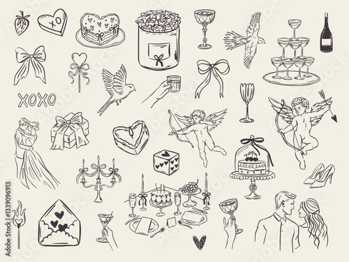 Set of whimsical hand-drawn love aesthetic illustartion in trendy vintage style. Perfect for quirky wedding holiday, dinner and bar menu, bachelorette party, birthday invitation, sign