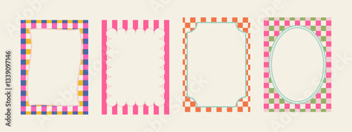 Set of spring whimsical hand-drawn pink blue orange green color frames with wavy stripes and line in trendy, vintage styles. Perfect for quirky holiday, wedding, birthday gift decorations.