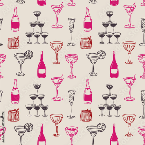 Whimsical hand-drawn love aesthetic seamless pattern illustration in trendy vintage style. Perfect for quirky wedding holiday, dinner and bar menu, bachelorette party, birthday invitation, sign