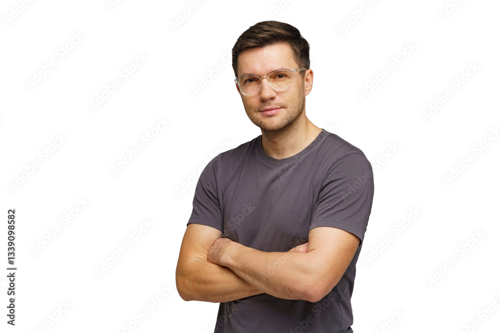 Young man with glasses poses confidently in a casual outfit against a plain background Young man with glasses poses confidently in a casual outfit against a plain background