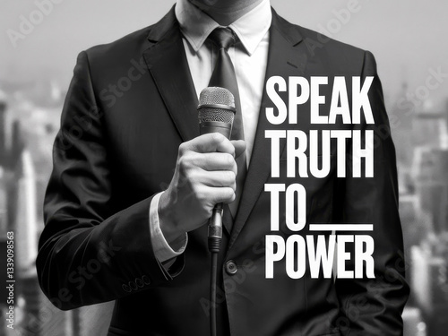 Speak truth to power: confident business professional holding microphone in urban setting