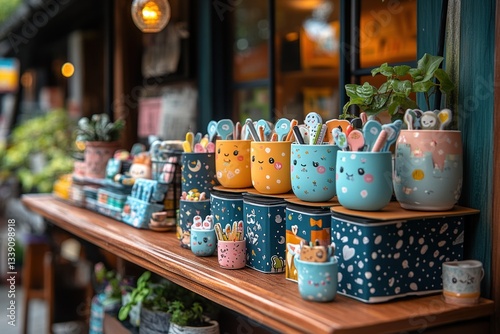 Colorful Animal-Themed Mugs on Display in Local Shop photo