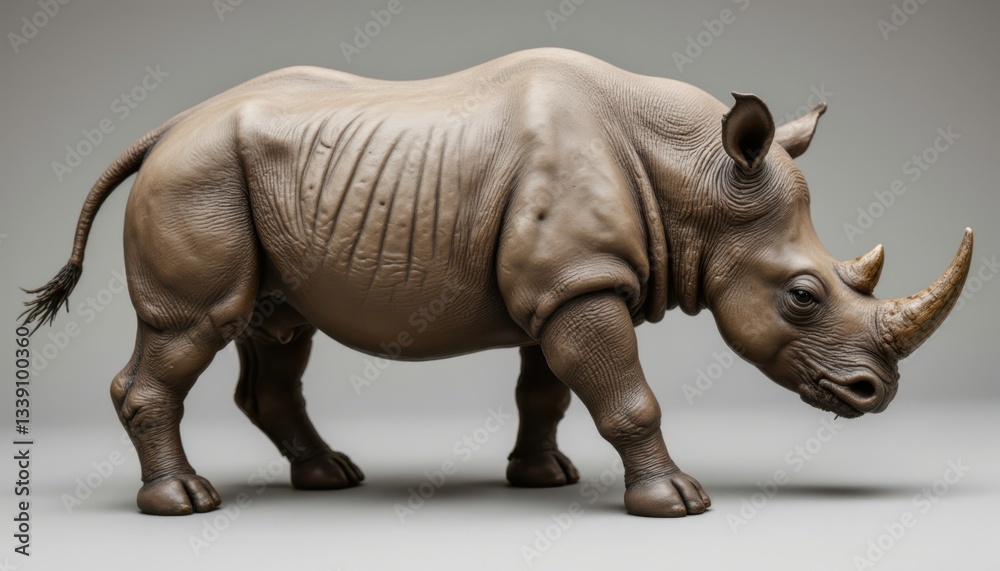 Obraz premium A realistic depiction of a standing rhinoceros figurine showcasing intricate ribbed folds on its thick skin