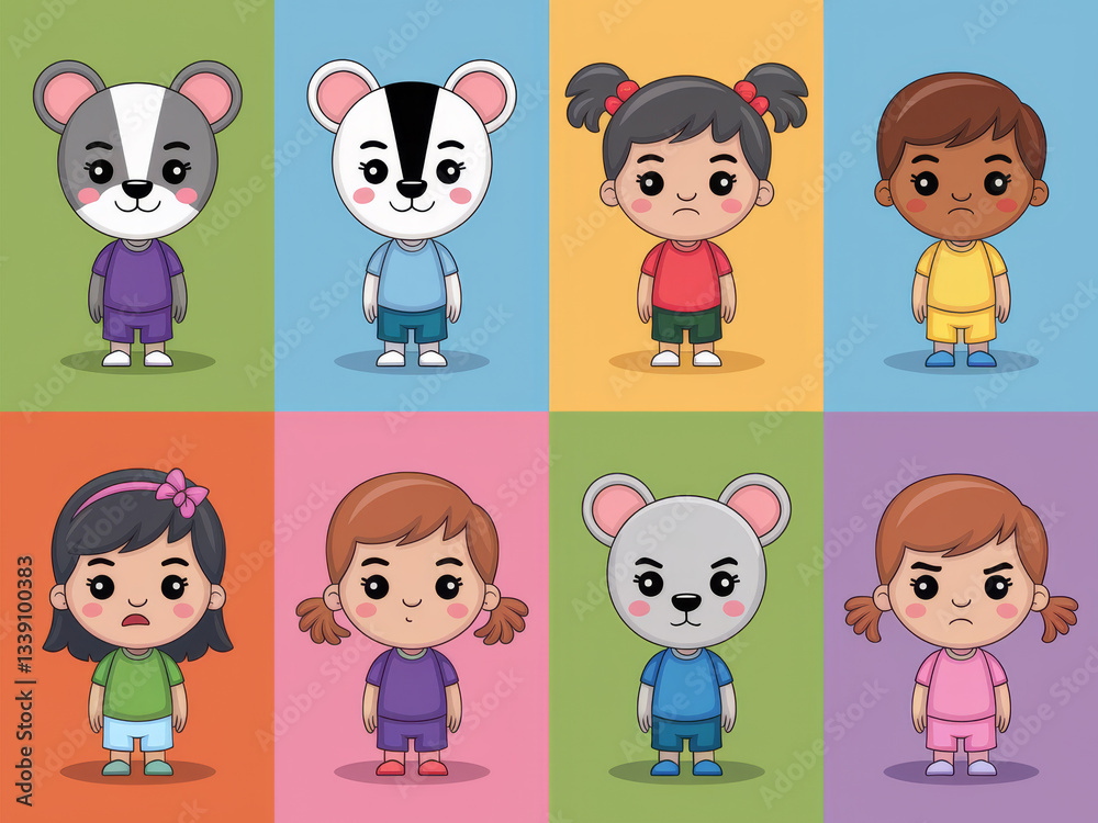 Cute drawn characters with diverse expressions on colorful backgrounds Cute drawn characters with diverse expressions on colorful backgrounds