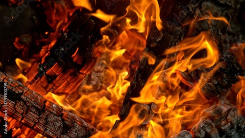 Close-up of Hot Embers with Flying Sparks . Concept of heating grills or ovens