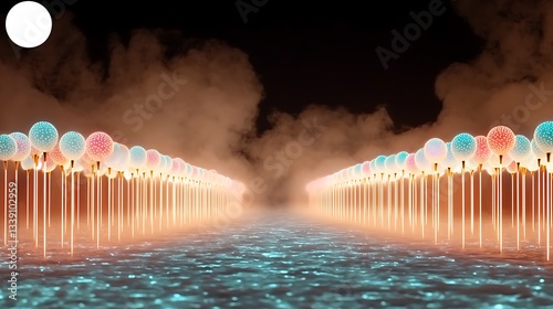 Futuristic Landscape with Colorful Spheres and Mystical Fog over Calm Water Reflection at Night