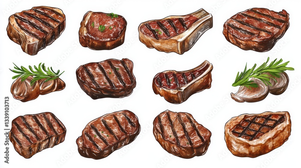 Obraz premium Grilled steak variety with herbs - collection of juicy cuts perfect for cooking enthusiasts