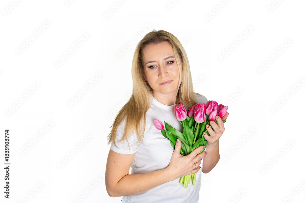 European blonde mature woman with Spring Flower Tulips pink bouquet. Happy surprised model woman smelling flowers. Mother's Day. Springtime European blonde mature woman with Spring Flower Tulips pink bouquet. Happy surprised model woman smelling flowers. Mother's Day. Springtime