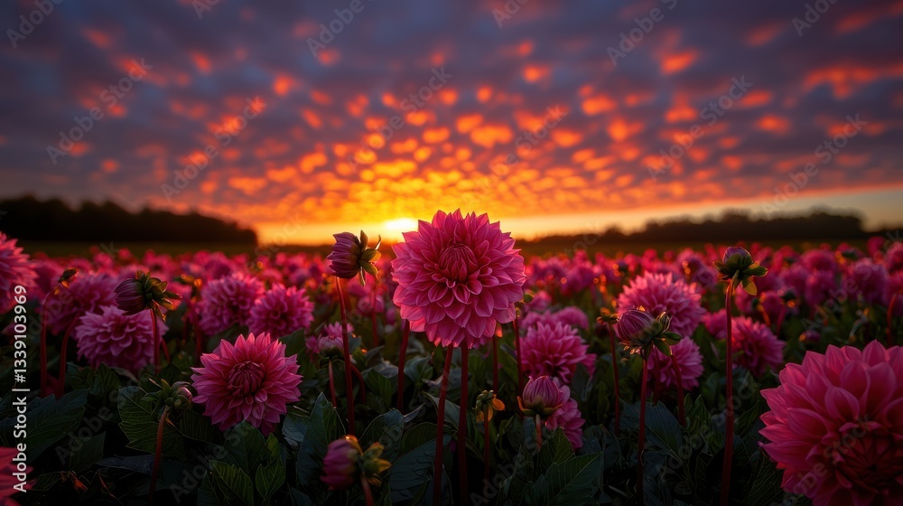 Φωτογραφία Vibrant Field of Pink Flowers Under a Radiant Sunset Sky with Beauty