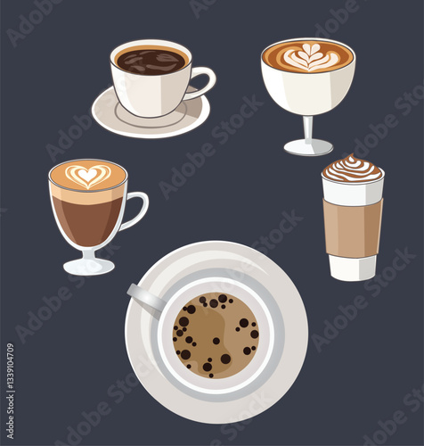 hot drinks, coffee Different types drinks collection.