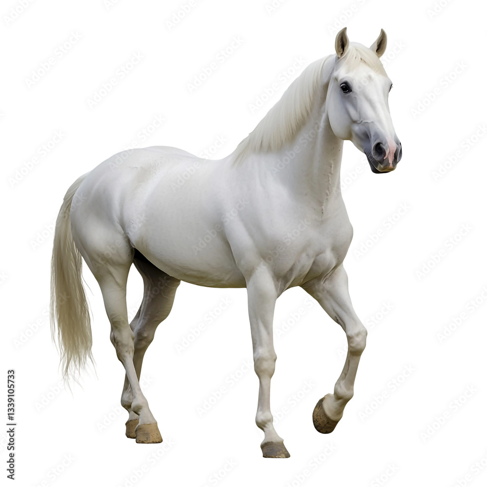 Obraz premium A majestic white horse isolated on a transparent background, showcasing its elegant posture and smooth coat