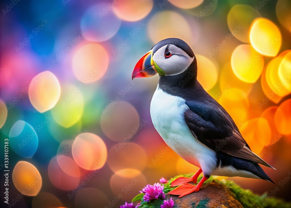 Naklejka premium Atlantic Puffin Bird on Vibrant Background - Colorful Nature Photography with Copy Space