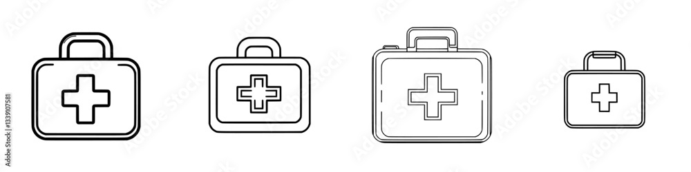 Various styles of first aid kits displayed in clean line art design for educational and informational purposes Various styles of first aid kits displayed in clean line art design for educational and informational purposes