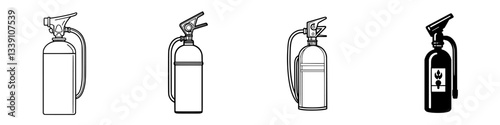 Fire safety equipment illustrations featuring diverse designs and styles of fire extinguishers in a clear layout