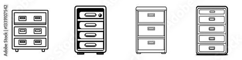 Various styles of filing cabinets displayed in a vector graphic format showcasing contemporary design options for office storage solutions