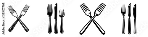 Various arrangements of forks and knives displayed on a white background, highlighting different cutlery styles and designs