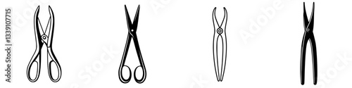 Different types of scissors displayed in a line indicating various designs and uses related to cutting tasks